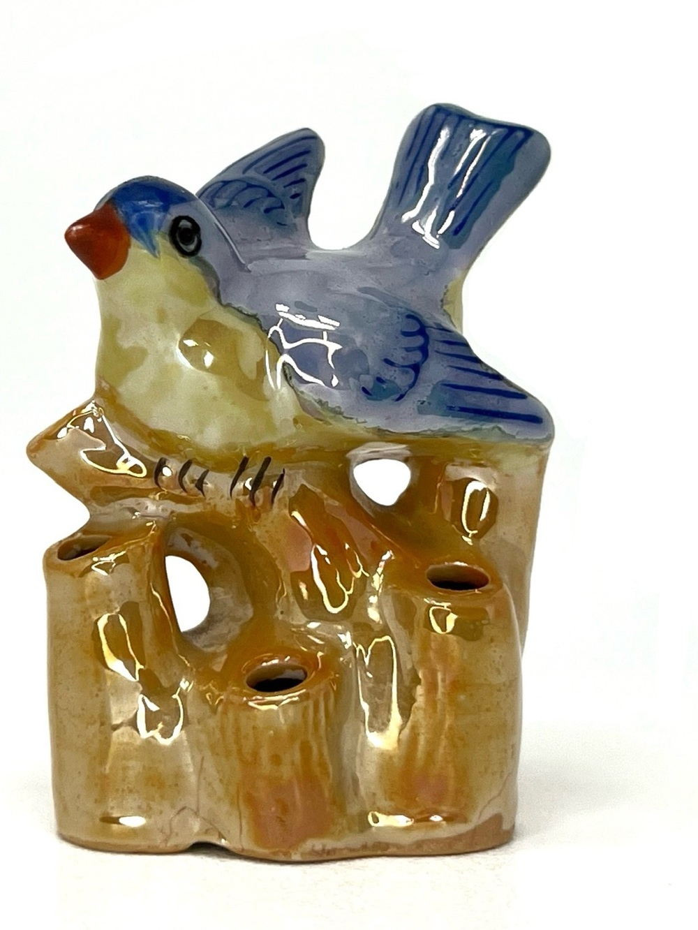 Vintage Japanese Lusterware Bluebird Mini Flower Frog Made in Japan Vtg